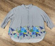 Jane and Delancey Shirt Women 3X Blue White Striped Floral Button Front Rayon