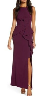 Eliza J. Ruffle Front Long Gown in Wine Purple Size 8