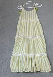 Cynthia Rowley S Lime Green Striped Linen Knee Length Summer Dress W/ Lace Detai