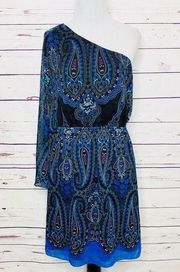 NWT Gianni Bini One Shoulder Long Sleeve Blue Paisley Boho Dress Size Small