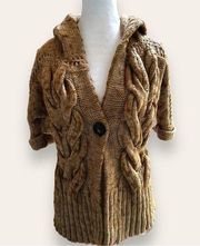 Chunky knit sweater cardigan Wool Alpaca blend with hood 3/4 sleeves brown S/M  