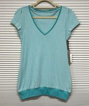 Caslon NWT Turquoise and White Stripe V-neck Banded Bottom Hem T-Shirt Size XS