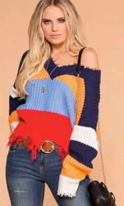 POWER UP COLORBLOCK DISTRESSED KNIT SWEATER SIZE M