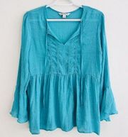 COUNTERPARTS Turquoise Blue Crinkle Flowy Bell Sleeved Boho Hippie Blouse ~ Med