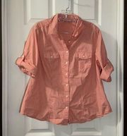 Dalia Collection Orange Striped Short Roll Tab Sleeve Button Up Top 1X