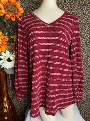 NWT  Red Striped Long Balloon Sleeve Open Keyhole Back Top | LARGE |