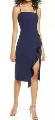 NEW Bardot Carmelle Ruffle Side Slit Sleeveless Midi Dress Navy Blue Size 6