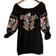 Free People Off Shoulder Black Embroidered Mini Dress Medium