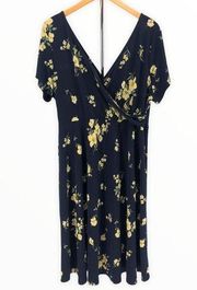 Kaileigh Navy Floral Surplice Faux Wrap Knee Length Dress Nursing Friendly XXL