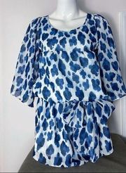 Barneys New York Blue White Watercolor Polka Dot Spotted Blouse Top Size Small