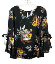 Black Multicolored Floral Bell Sleeve Bow Tie Detail Chiffon Blouse L