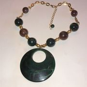 Hunter Green Brown & Gold Tone Beaded Boho Necklace