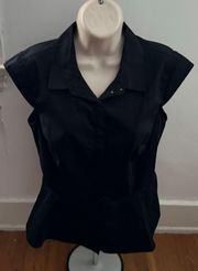 Black Peplum Button Up Cap Sleeve Collared Blouse, size M