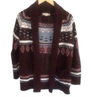 Pink Republic Fair Isle Cardigan Pocket Sweater Aztec Design Burgundy Size Small