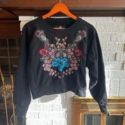 Beaded Embroidered Floral Insect Black Crewneck Sweater Sz XS