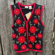 Vintage 90s Bobbie Brooks Ugly Christmas Poinsettia Bead Sequin Sweater Vest MED