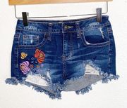 ZCO Jeans Floral Embroidered Raw Hem Jean Shorts