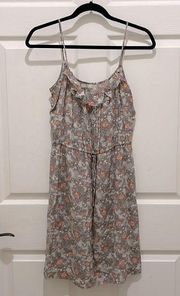 Hinge Gray Floral with Orange Flowers Spaghetti Strap Gathered Waist Silk Dress