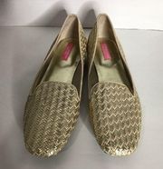 Isaac Mizrahi Womens 2-tone Gold Slip On Handwoven Leather Loafer Shoes Size 9