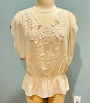 Cache Cream Beige Sequin Flutter Split Sleeve Elastic Waist Blouse Small