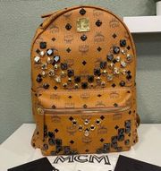 MCM Medium Stark Visetos Studded Logo Cognac Canvas Backpack