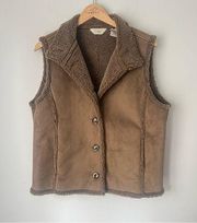 L.L. BEAN Fuzzy Sherpa Fleece Lined Leather Look Button Up Vest Jacket Size Lg