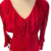 Red Ruffle Embroidered Floral Print with Sequins Lightweight M