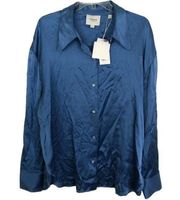 Nwt Vince Womens Button Up Shirt Blue Long Sleeve Button Cuff 100% Silk Plus 2X