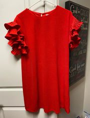 Red Shift Dress With Ruffled Sleeves 