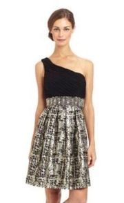 Eliza J Black Gold Metallic Beaded One Shoulder Dress