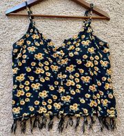 O'Neill Sunflower Print Black Fringe Tank Top