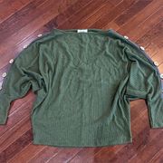 Army Green And Gray Waffle Knit Top With Button Lined Dolman Sleeves Size Medium