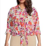 NWT Investment Woman Floral Print Roll Tab Sleeve Top