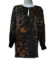 Lafayette 148 New York Kelsey Leopard Print 100% Silk Split Neck Blouse Size L