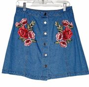 One The Land Denim Jean Mini Skirt Floral Applique Blue Red L