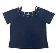 St. John Sport Navy Blouse Shirt Top w/ Metal Grommet Classic Size Medium Womens