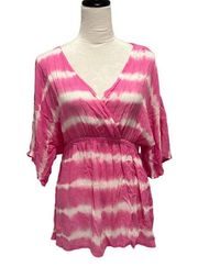 Simply Southern Kimono Cover-Up Womens Size S-M Pink/White Tie Dye V-Neck Waist