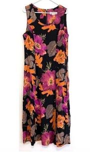 VINTAGE VTG DRESSBARN Black Orange Purple Floral Leaf Sleeveless Midi Dress 16