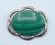 Vintage Sterling JJJ Co Malachite Stone Brooch