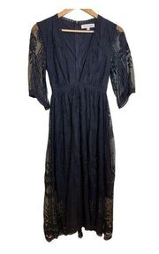 By Together Black Lace Dress Maxi Deep V-Neck Lace 3/4 Sleeve Small