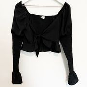 Wild Honey Tie Front Knot Ruffle Crop Top Blouse Smocked Sleeve Black Size Small