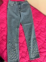 High Waisted Skinny Stretch Light Wash Pearl Jeans- Size 28