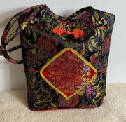 Handmade Tote Handbag Purse Japan Asian Zip Closure Black Floral Design Vintage