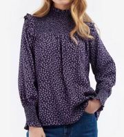 Barbour Midhurst Purple Floral Print Shirring High Neckline Blouse Size 12 NWT