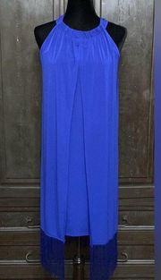 Chico’s Blue dress with open shoulder & fringes. M