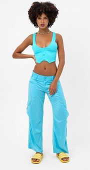 Frankies Bikinis Chilli Satin Wide Leg Cargo Pants in Aquamarine Blue Size XS