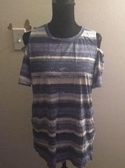 cold shoulder blue and white long tee shirt