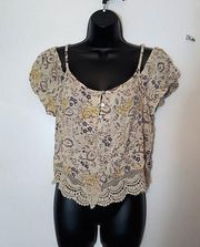 Wet Seal cream and purple floral cold shoulder top