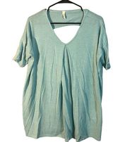 Luxe Baby Blue Cut Out Short Sleeve Classic Long Tunic Blouse Women SZ L