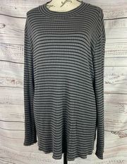 Tahari Striped Rib Knit Shirt Women L Crew Neck Long Sleeves Stretch Gray Black